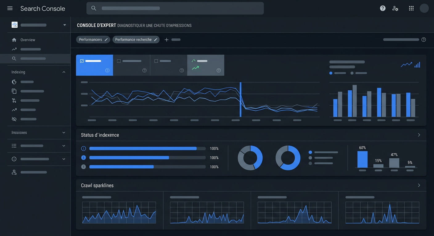 Illustration de tableau de bord pour l'article : Search Console : diagnostiquer une chute d'impressions en 30 minutes