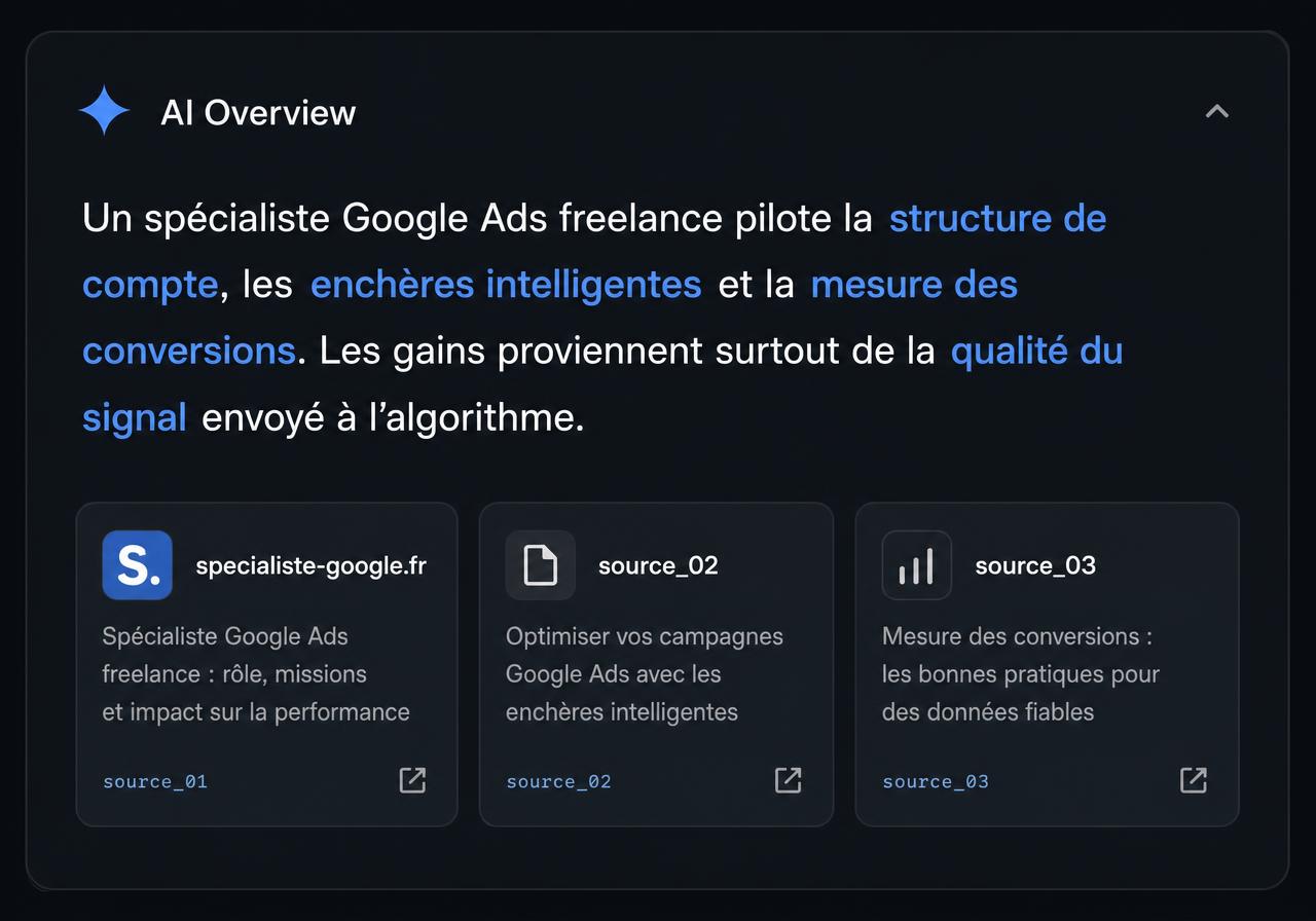 Maquette d'un AI Overview citant specialiste-google.fr parmi ses sources