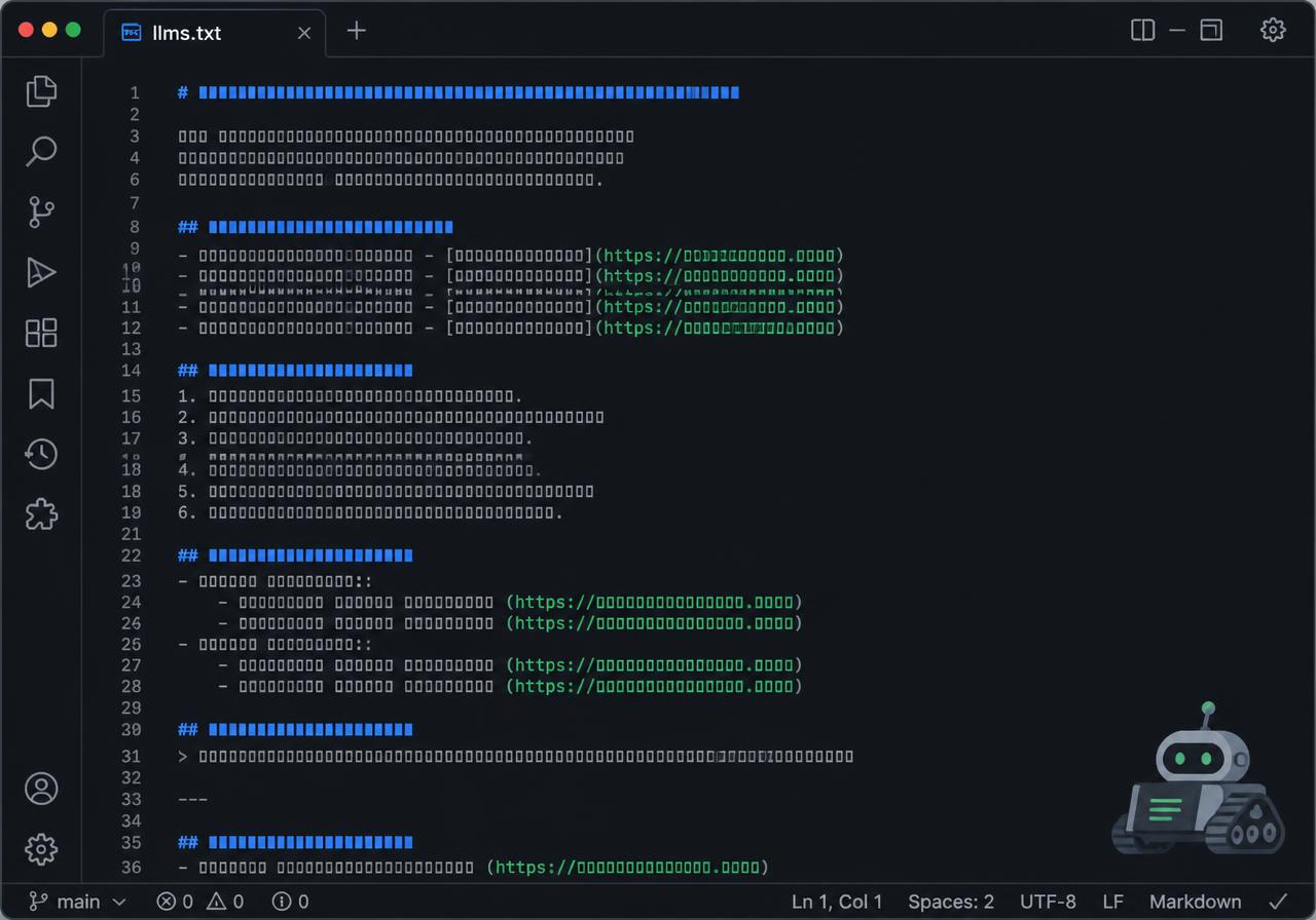 Fichier llms.txt ouvert dans un éditeur, lu par un robot d'indexation